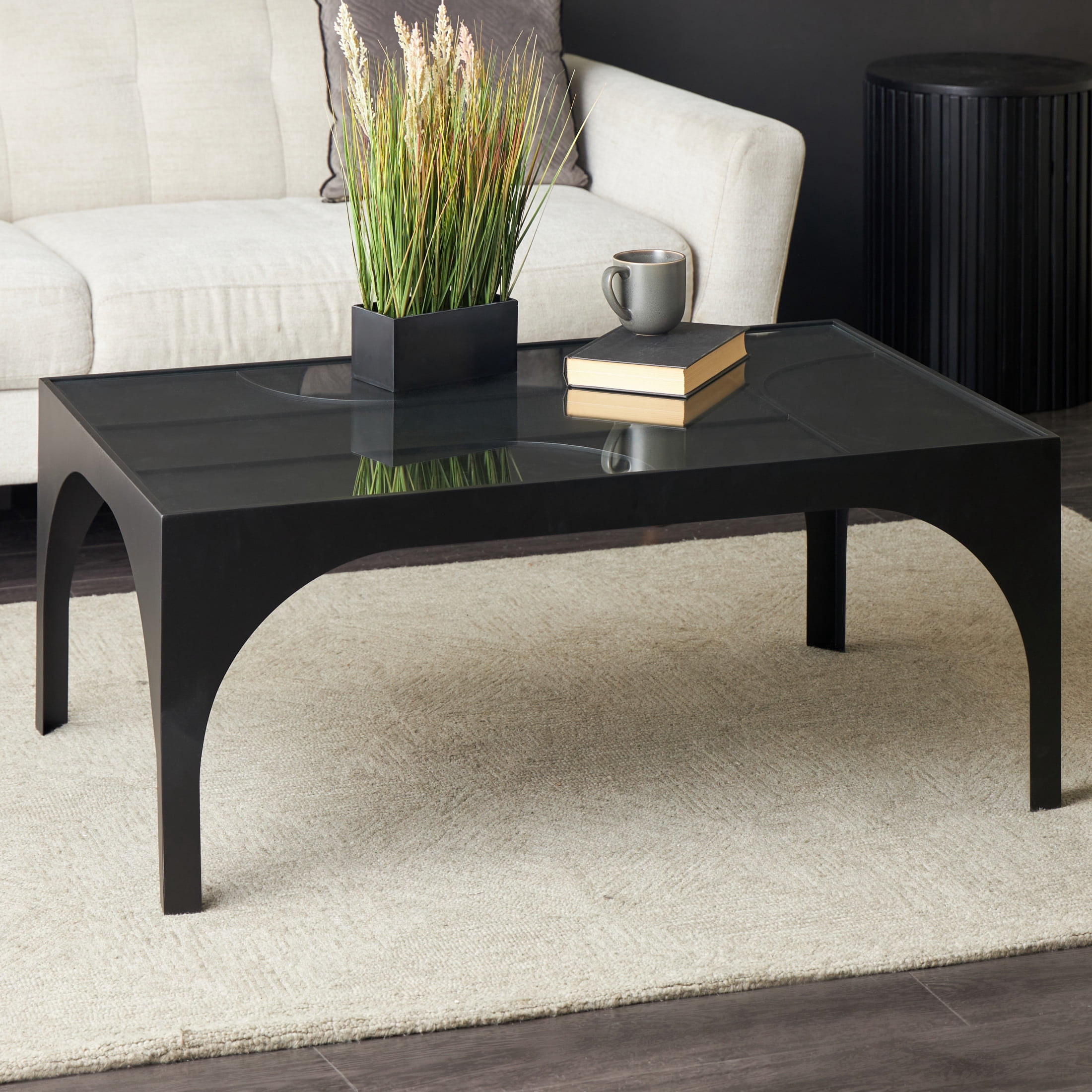 DecMode 42" x 17" Black Metal Geometric Coffee Table with Glass Top, 1-Piece