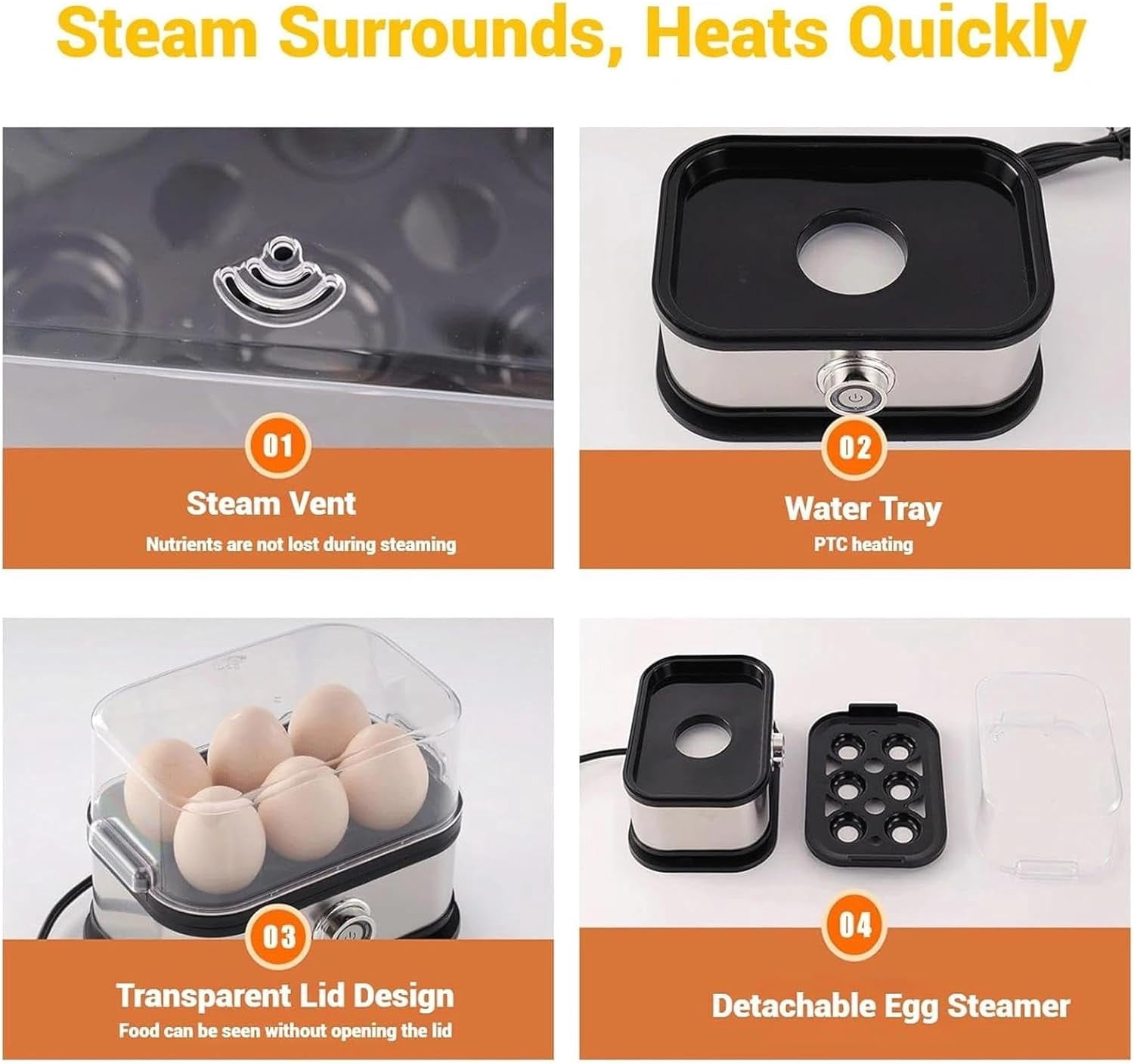 Multifunctional Egg Steamer with Clear Lid, Smart Egg Cooker with Auto Shut, Soft, Medium, Hard Boiled Eggs Maker, Compact 6 Egg Electric Cooker, Stainless Steel Eggs Cookers (1PC)