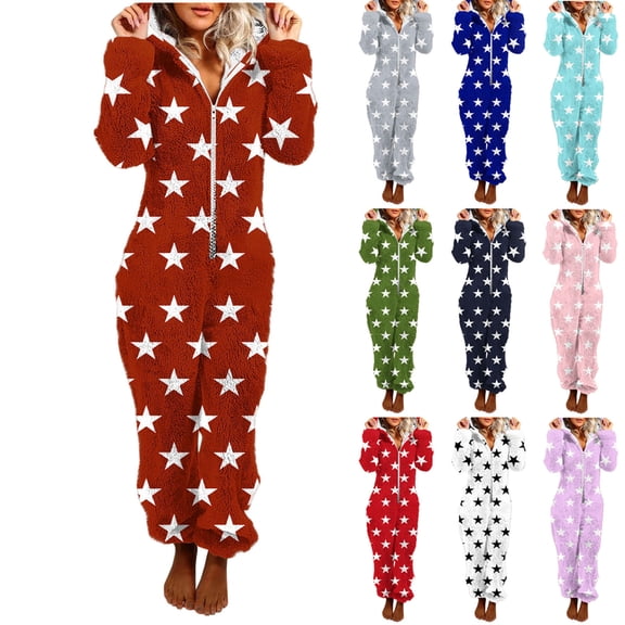FRSASU Women Fuzzy Fllece Jumpsuit Pajamas Star Printed Long Sleeve Zipper Onesie Fleece Hooded Playsuit Winter Warm Rompers Sleepwear White