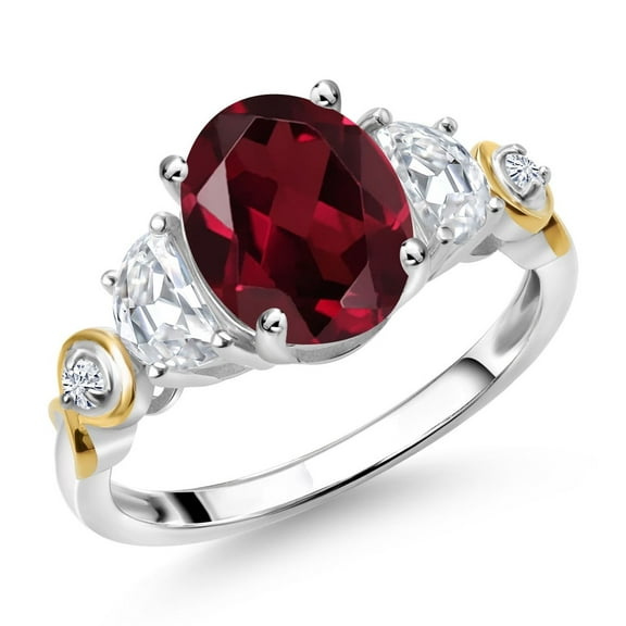 Gem Stone King 925 Silver and 10K Yellow Gold 3-Stone Ring Oval Red Rhodolite Garnet and Moissanite (2.50 Cttw, Size 9)