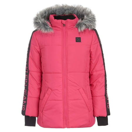 Little Girl's Faux Fur Hood Sleeve Logo Puffer Coat