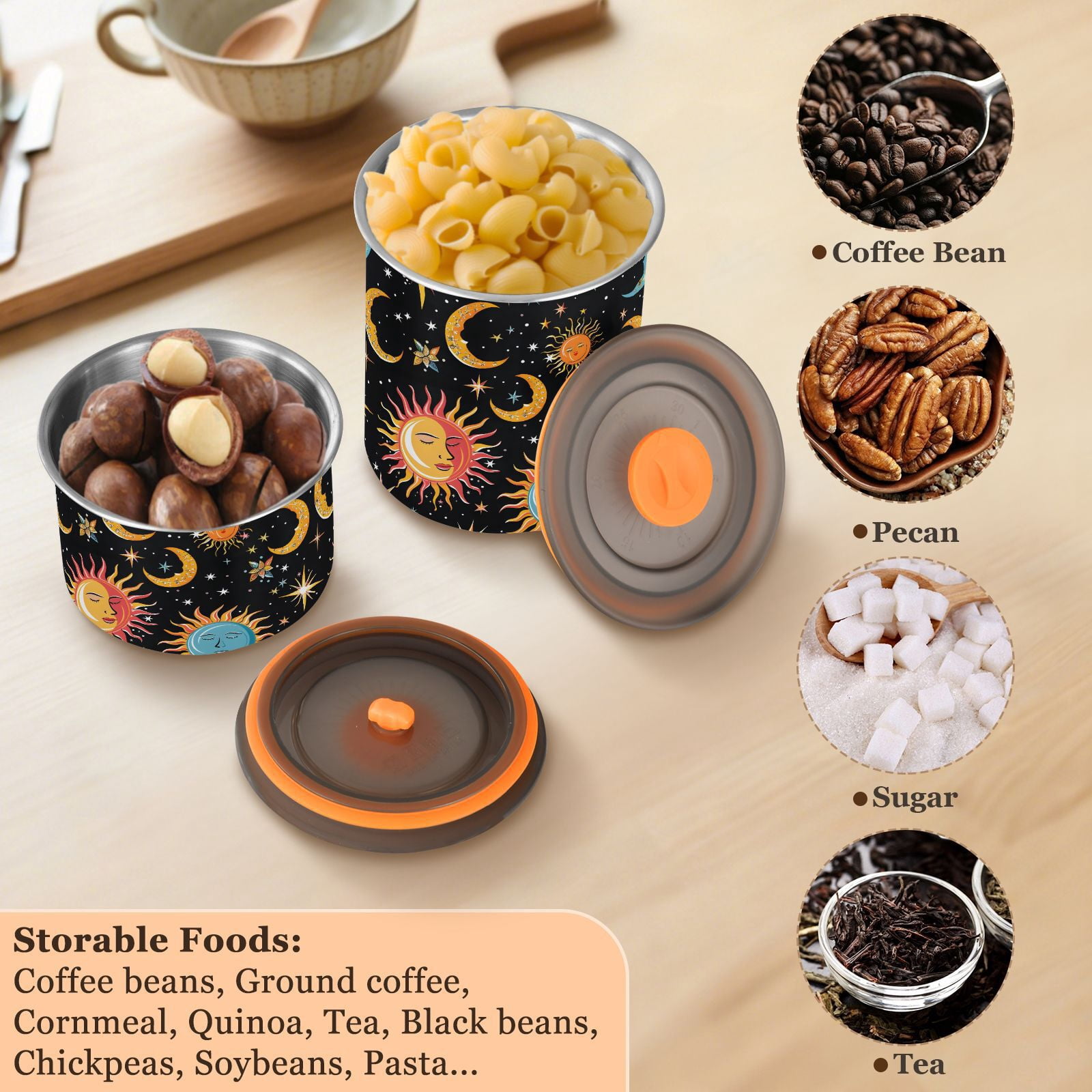 Sun Moon Star Starry Sky Cartoon Airtight Coffee Bean Canister 30oz Food Storage Containers with Lids For Gournd, Tea, Sugar, Flour, Rice, Cereal, Candy Cookie Jar