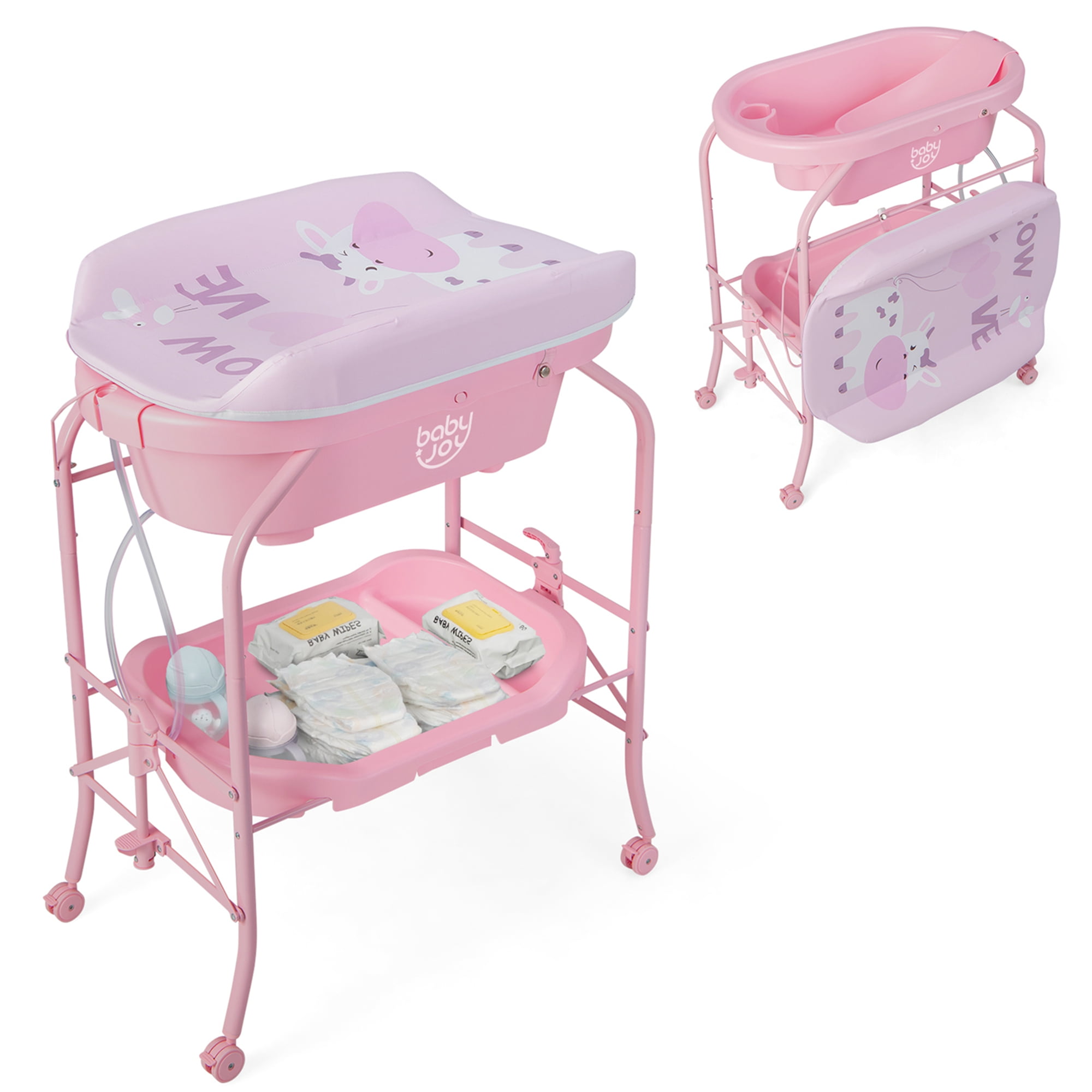 Folding Baby Changing Table with Bathtub and 4 Universal Wheels