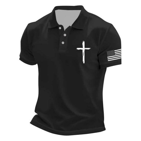 Polo Shirts for Men Casual Crucifix Printed Short Sleeve Button Up Collared Tops Summer Sport Breathable T Shirts for Man Black L
