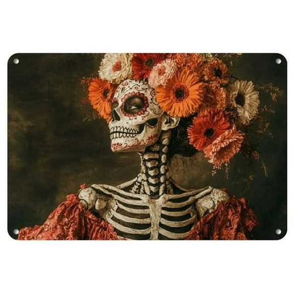 Vibrant Day of the Dead Iron Wall Art Decor - Festive Skeleton Woman with Floral Headdress, Vintage-Inspired Home Décor for Día de los Muertos Celebrations