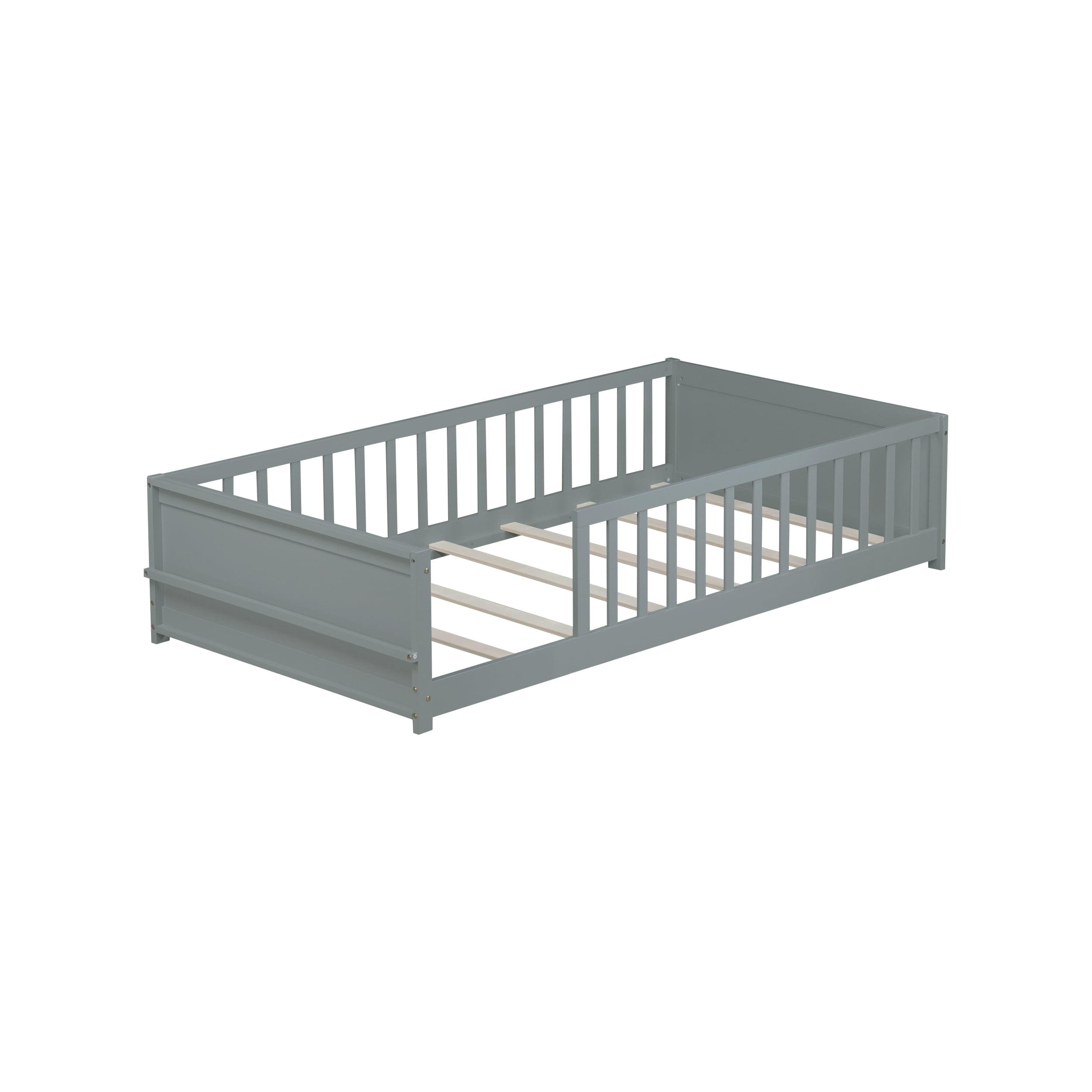 Twin Size Wooden Platform Bed with Safety Guardrails & Built-in Bookshelf, Montessori Kids Floor Bed Frame with Opening