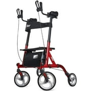 Zler Armrest Tall Walker with 10” Front Wheels, Stand Up Folding Rollator Walker Back Rolling Mobility Walking Aid with Backrest and Padded Armrests for Elderly, Seniors and Adults, Red and Black