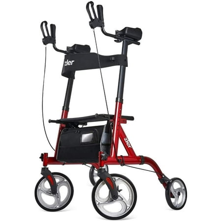 Zler Armrest Tall Walker with 10” Front Wheels, Stand Up Folding Rollator Walker Back Rolling Mobility Walking Aid with Backrest and Padded Armrests for Elderly, Seniors and Adults, Red and Black