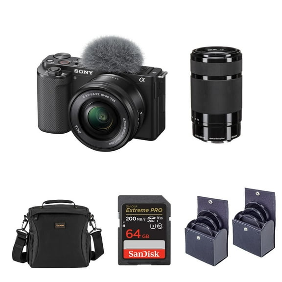 Sony Sony ZV-E10 Mirrorless Vlog Camera with 16-50mm Lens, Black - Bundle with E 55-210mm f/4.5-6.3 OSS Lens, 64GB SD Card, Shoulder Bag, 49mm Filter Kit, 40.5mm Filter Kit