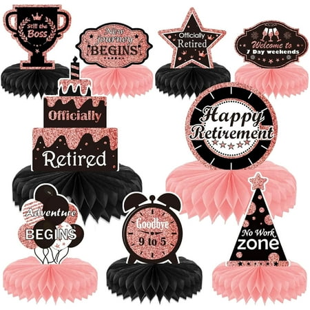 9PCS Rose Gold Retirement Party Decorations - Honeycomb Glitter Table Centerpiece Toppers for Happy Celebration Supplies for Women