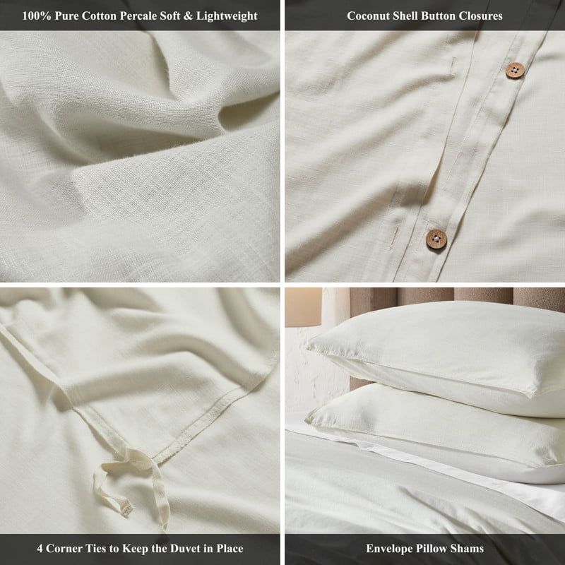 Superior Chloe 100% Cotton Percale Linen Texture Duvet Cover Set, King California King, Ivory