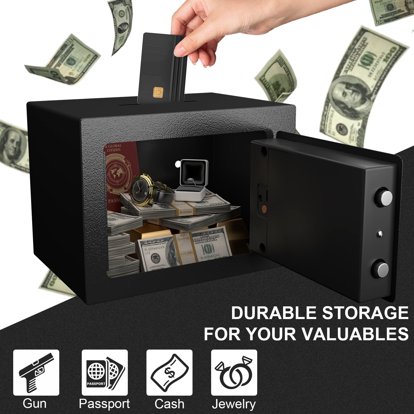 Marcree Small Safe, 0.23 Cubic Lock Box for Keys with Code, Steel Safe with Key, Digital Security Safe, Number Keypad Safe for Money, Jewelry, Wall Safe for Home, Hotel or Business, Black