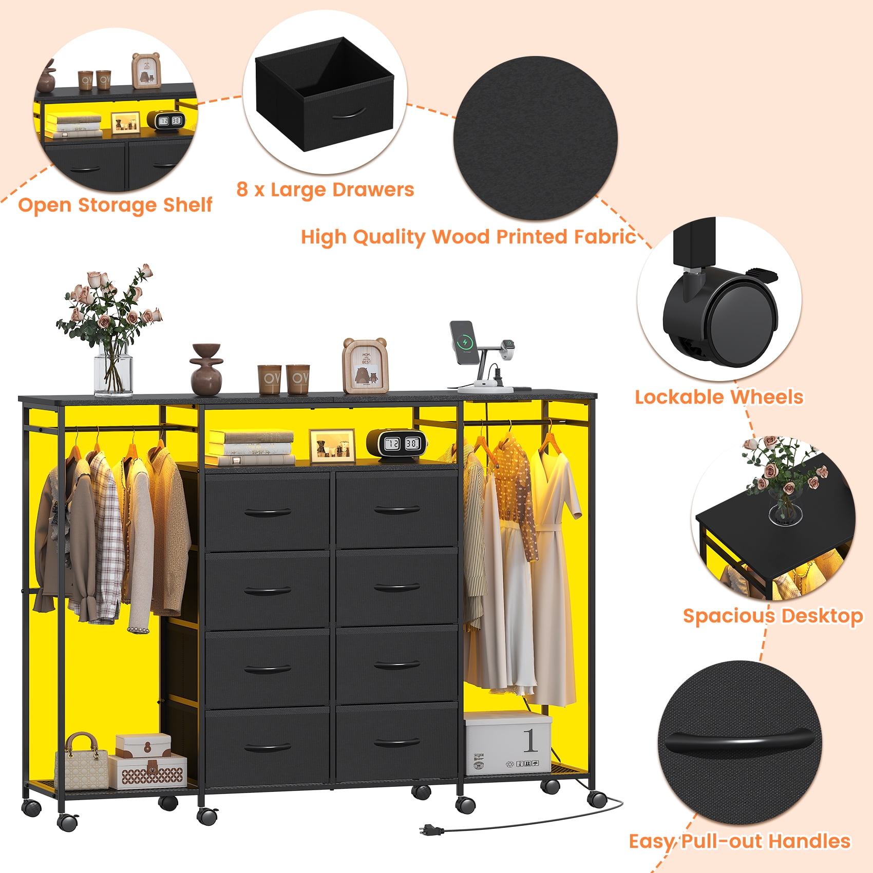 Frmobepts Dresser with Clothes Rack, 8 Drawers Dresser with Charging Station & LED Lights, Black Storage Unit with Wheels for Bedroom, Closet