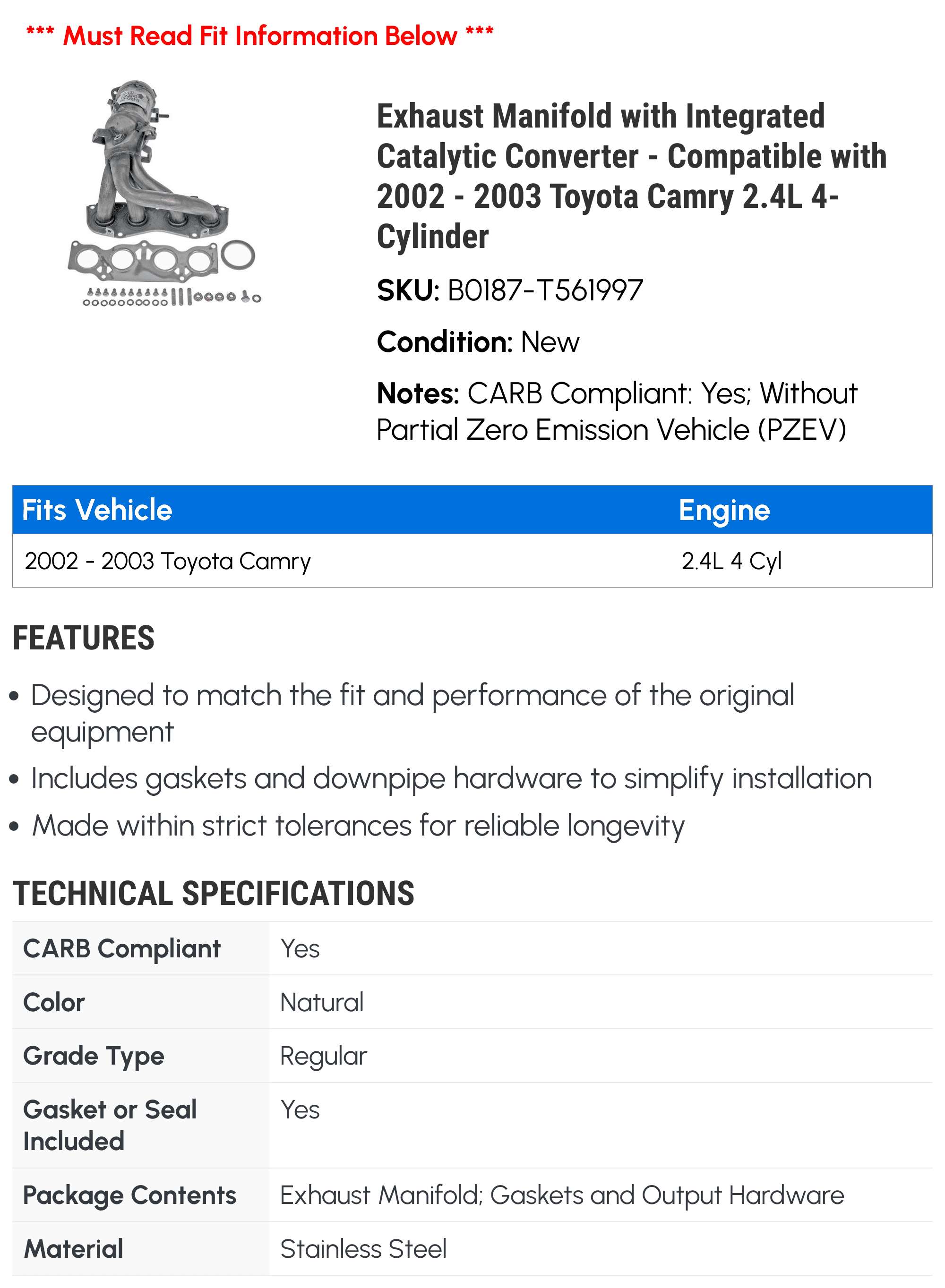 Exhaust Manifold with Integrated Catalytic Converter - Compatible with 2002 - 2003 Toyota Camry 2.4L 4-Cylinder