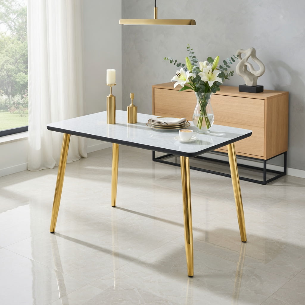 Hommoo Modern Rectangular Dining Table for 4-6 People, Tempered Glass & MDF Top with Imitation Marble Finish, Tapered Metal Legs, Minimalist Design for Small Spaces, White & Gold
