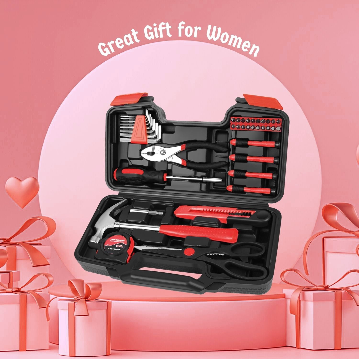 Tool Set Box - Hand Tool Kit & Accessories For General Household DIY Home Repair with Plastic Toolbox Storage Organizer Case - Homeowner's Tool Kit (Red & Black)