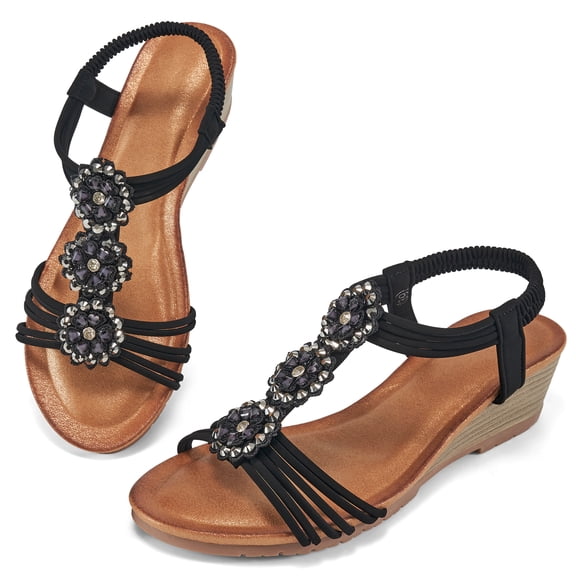 Atoshopce Womens Wedge Sandals Flower Low Heel Dressy Sandals Elastic Ankle Strap Rhinestone Summer Comfortable Shoes