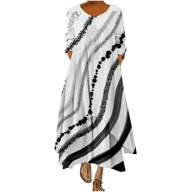 Pompotops Robe Longue Décontractée à Manches Longues et Col Rond pour Femmes avec Boutons et Poches en Solde