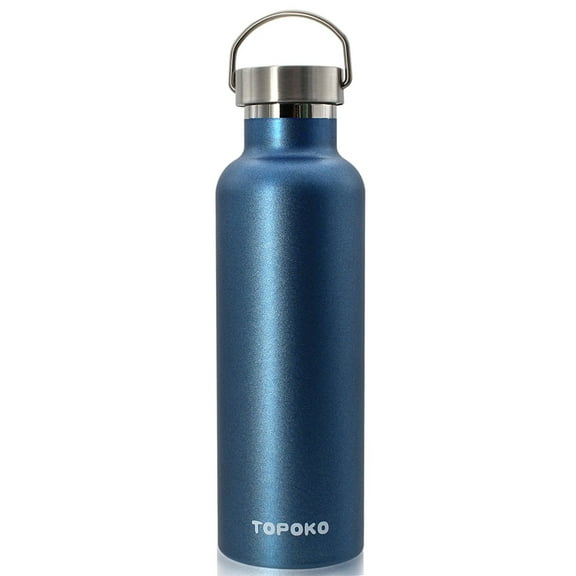 TOPOKO 25 Oz Stainless Steel Water Bottle Double Wall Insulated Thermos Vacuum Bottle Mental Cap Leak Proof Bottle,BPA free Metal Lid With Handle Powder Coating Keep Hot 12H Cold 24H-Blue