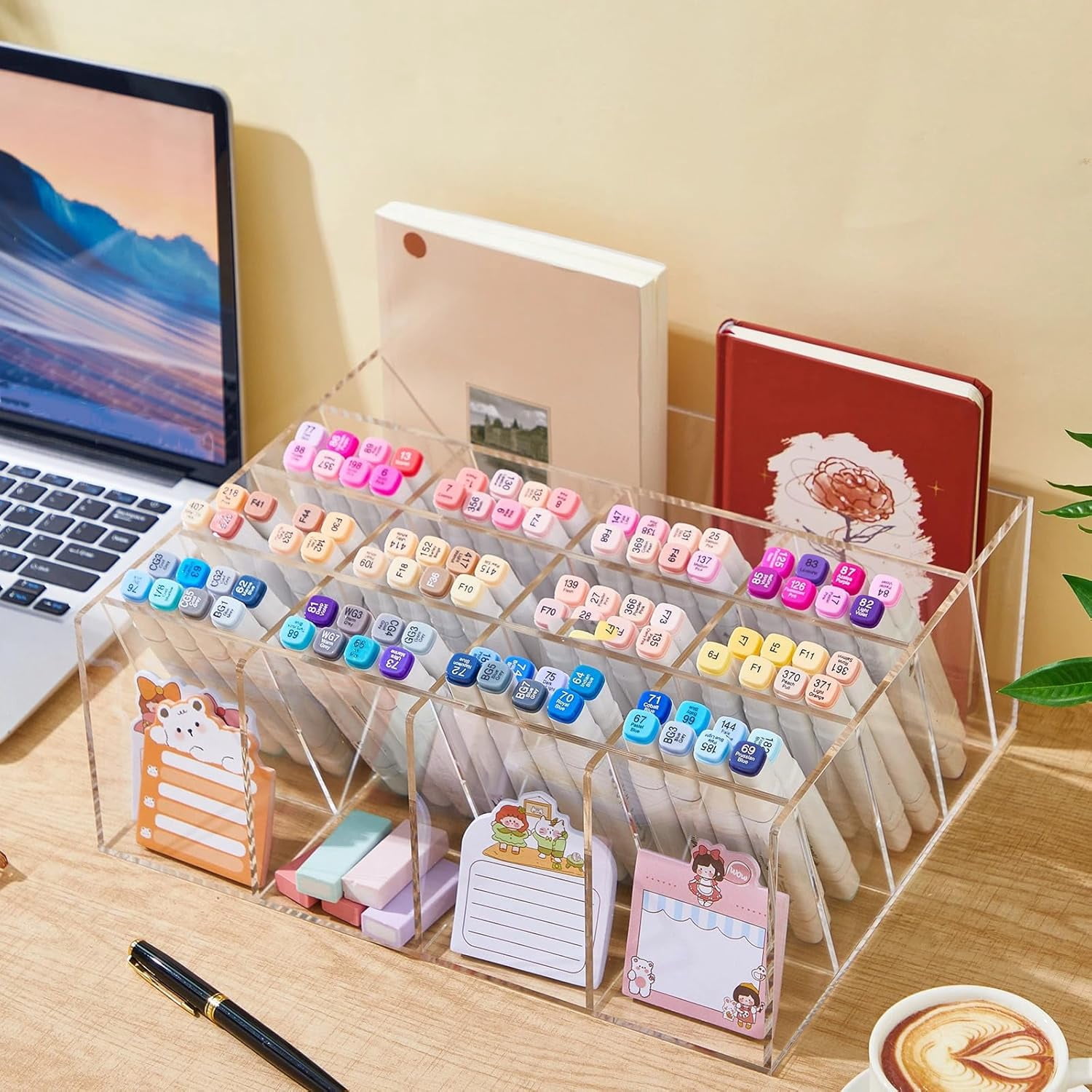 White Vertical Acrylic Pen Organizer, Large Capacity Desktop Marker Holder, Holds 250 Pencils Markers Stationery Storage, 13 x 4 x 12.4 Inch Desk Display Rack for Office Home