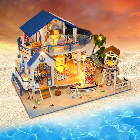 Diy Led Light Dollhouse Seaside Miniature Villa With Furniture