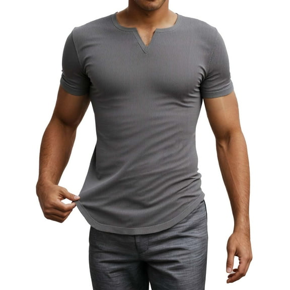 MIXUE Shirts For Men Summer Solid Color V Neck Short Sleeve Slim Fit Casual Pullover Tops Tshirts Activewear,Gray,XXL