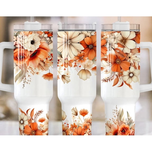 40oz Stainless Steel Tumbler with Handle and Orange Floral design