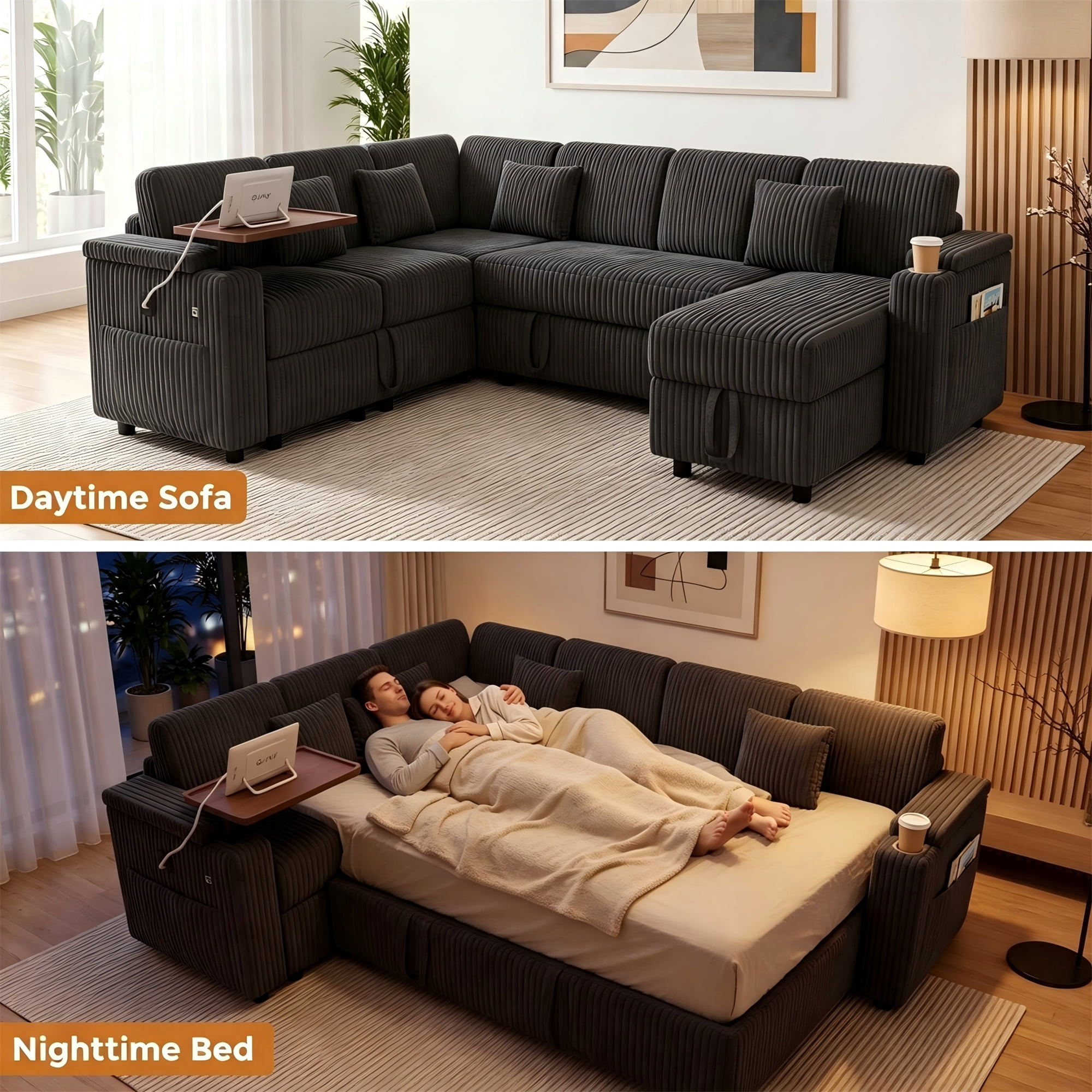 Aukfa 100" U Shape Convertible Sectional Sleeper Sofa Bed with USB/Type-C Port/Side Table/Storage Chaise/Cup Holder, 7 Seat Modular Sofa, Corduroy, Dark Gray