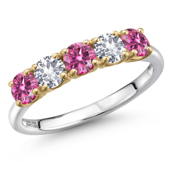 Gem Stone King 925 Silver and 10K Yellow Gold Pink Moissanite and White Created Sapphire Wedding-Bands Ring for Women | 1.19 Cttw | Round 4MM | Gemstone Birthstone | Size 5