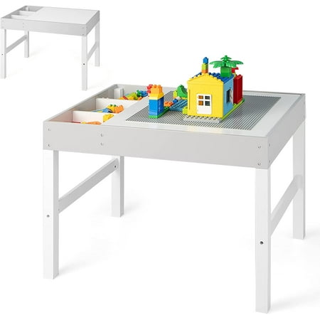 Kids Table 3 in 1 Toddler Wooden Activity Table Convertible Building Block Tabletop 3 Storage Compartments Children Furniture Set for Daycare Playroom (White)