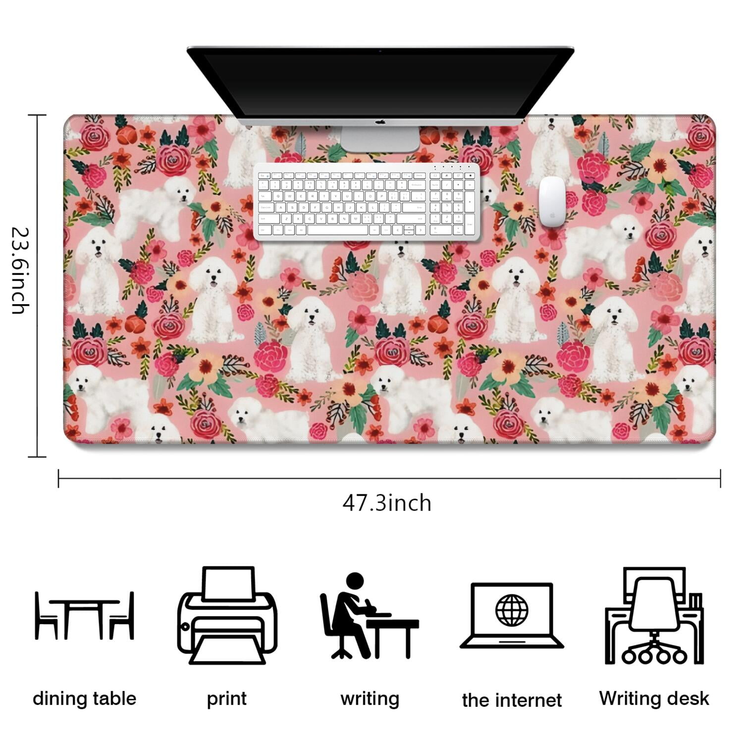 Long Mouse Pads for Desk,Bichon Frise Dog and Pioneer Flower Desk Mats on Top Of Desks, Desk Mouse Pad Extra Large with 3mm Non-Slip Base and Stitched Edge for Gaming,Office,Work,Home 47.3"x23.6"
