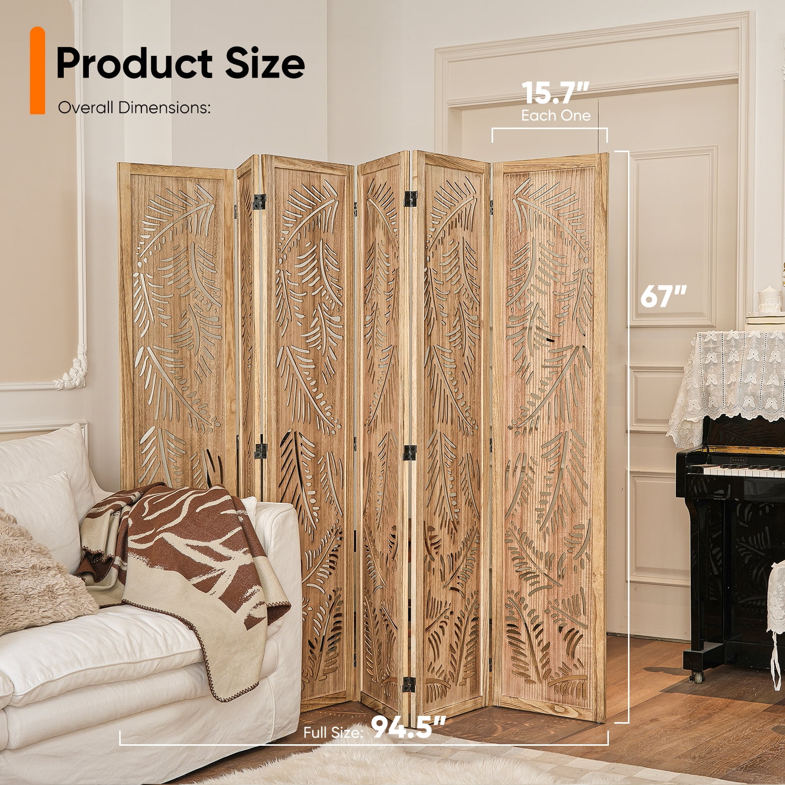 Jostyle 6 Panel Solid Wood Room Divider Privacy Screen - Freestanding Folding Partition with Feather Openwork Design, Paulownia Wood Frame Natural, No Assembly for Living Room, Bedroom, Office