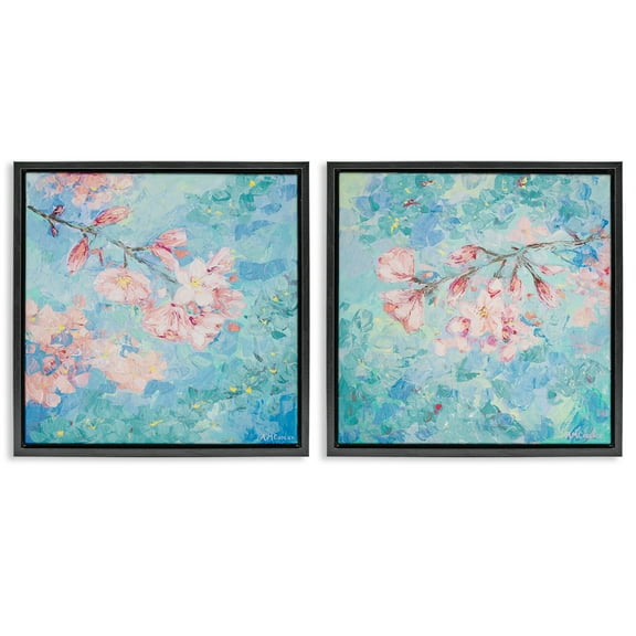 Stupell Industries Yoshino Cherry Blossoms Floral & Botanical Painting Black Floater Framed Canvas Art Print Wall Art, 18 x 18, Set of 2