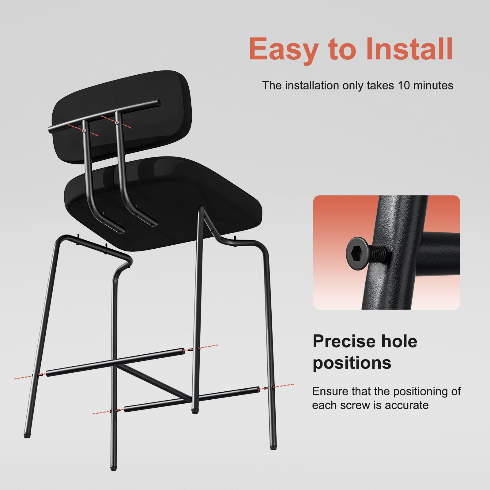 Genpo Counter Height Bar Stools Set of 3, 26" Black Fabric Kitchen Counter Stools with Backs, Metal Legs, Footrest and Wide Seat, Bar Chairs for Kitchen Island