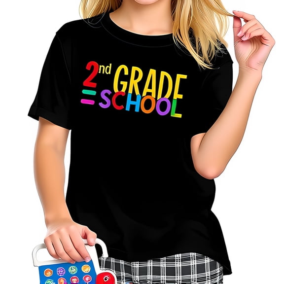 Vibrant Black Cotton Short Sleeve T-Shirt " 2nd GRADE SCHOOL " Colorful Lettering Design Perfect for Young Learners