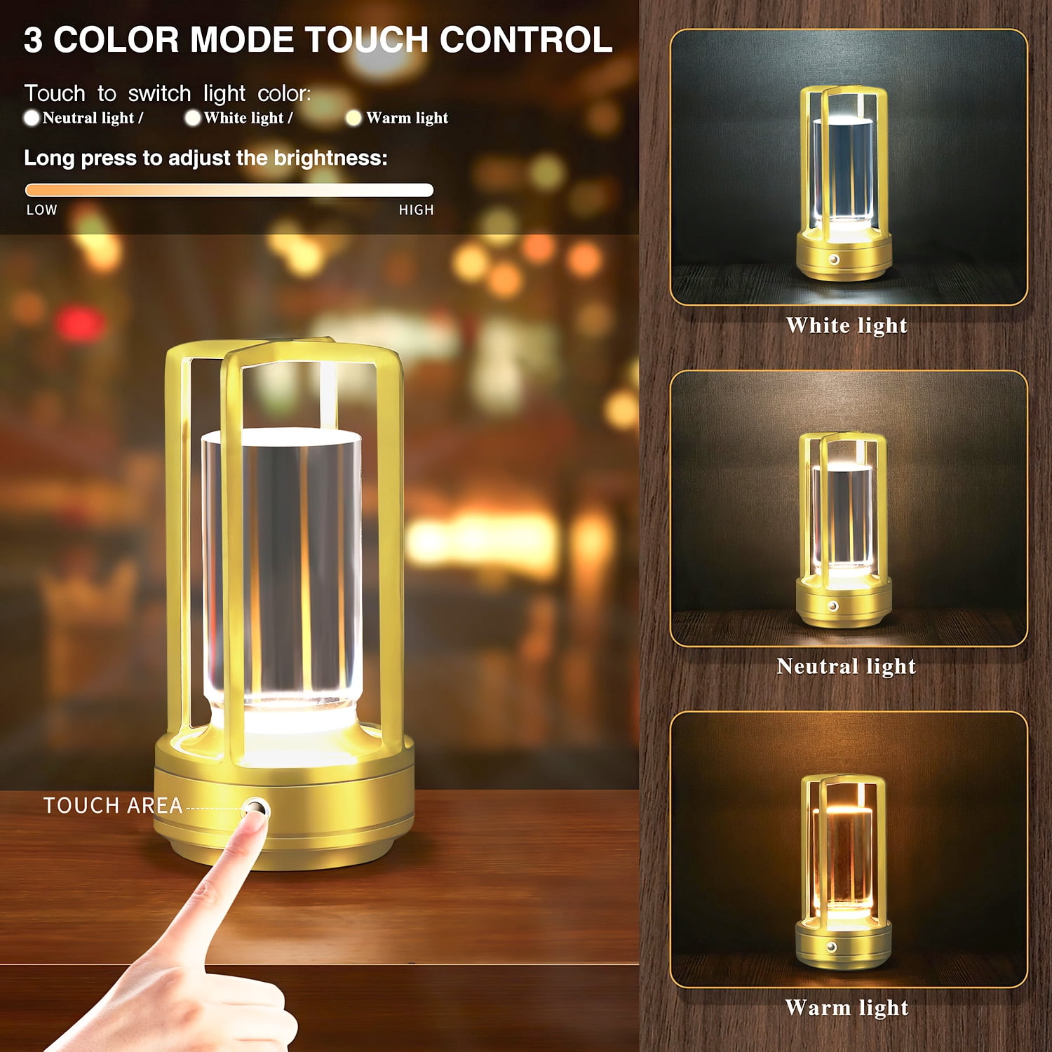 Ikristin Atmosphere Lantern Portable LED Night Candle lamp, Three Lights Metal Table Lamp, Touch Switch Cordless Rechargeable Washroom, Bedroom, Camping