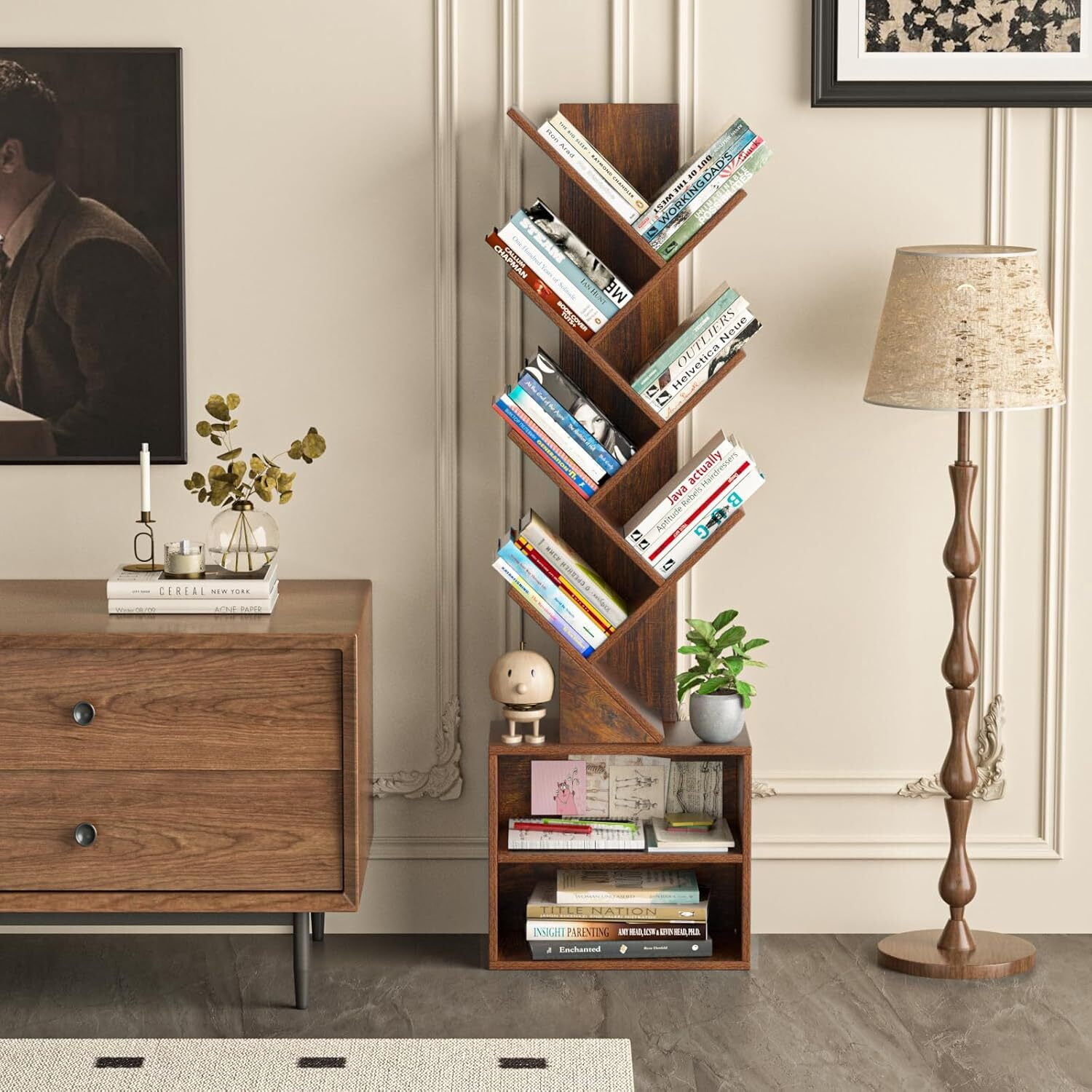 LELELINKY 7-Tier Wooden Bookcase with 2 Shelves, Free Standing Tree Bookshelf for Home Office, Rustic Brown