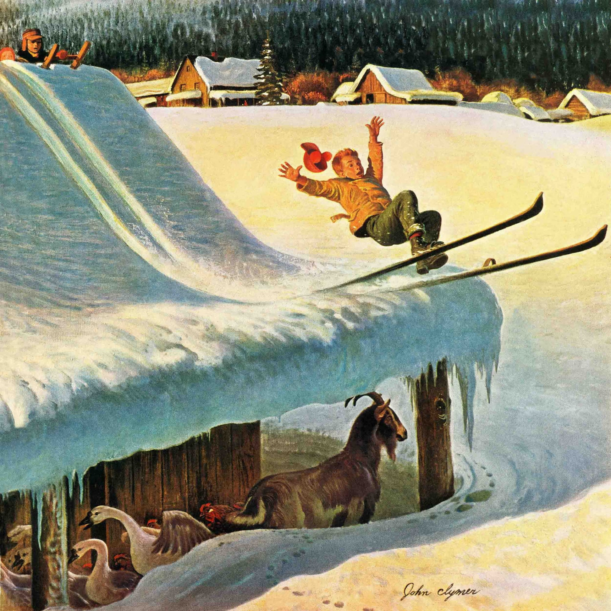 Marmont Hill Barn Skiing by John Clymer Painting Print on Wrapped Canvas