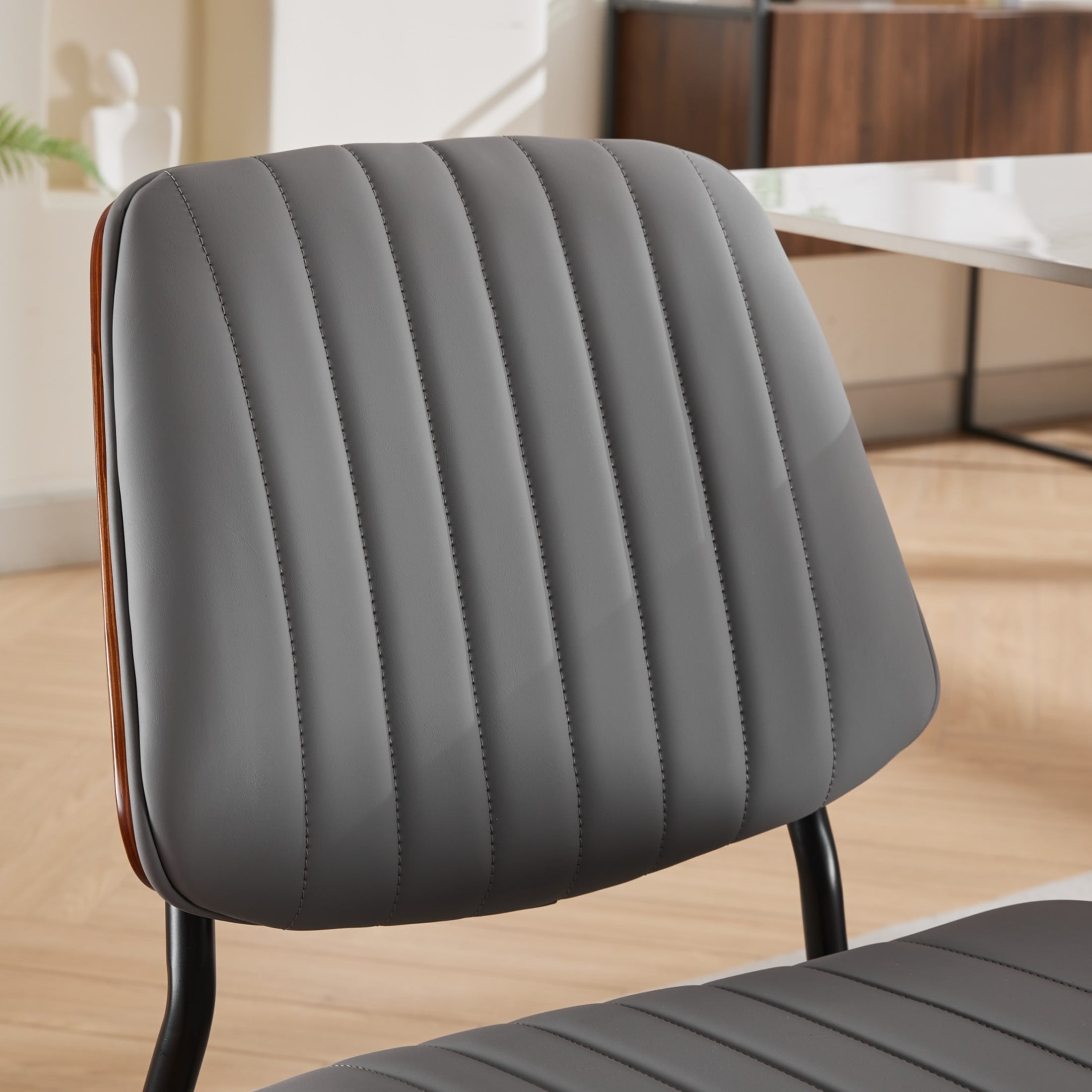 Mid-Century Upholstered PU Dining Chairs with Walnut Bentwood Back and Metal Tapered Legs, Gray, Set of 2