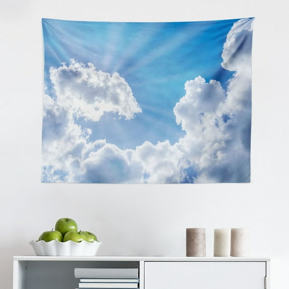 Landscape Tapestry, Clear Weather Vivid Vibrant Sun on Sky with Clouds Solar of Clean Energy Power Art, Fabric Wall Hanging Decor for Bedroom Living Room Dorm, 2 Sizes, Grey Blue, by Ambesonne