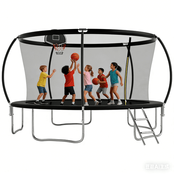 SENCHO GINSYTALIOR 14FT Outdoor Trampoline for Kids and Adults, Backyard Trampoline with Basketball Hoop , Enclosure Net and Ladder, Heavy Duty Trampoline Capacity for 2-6 Kids(14FT,Black)