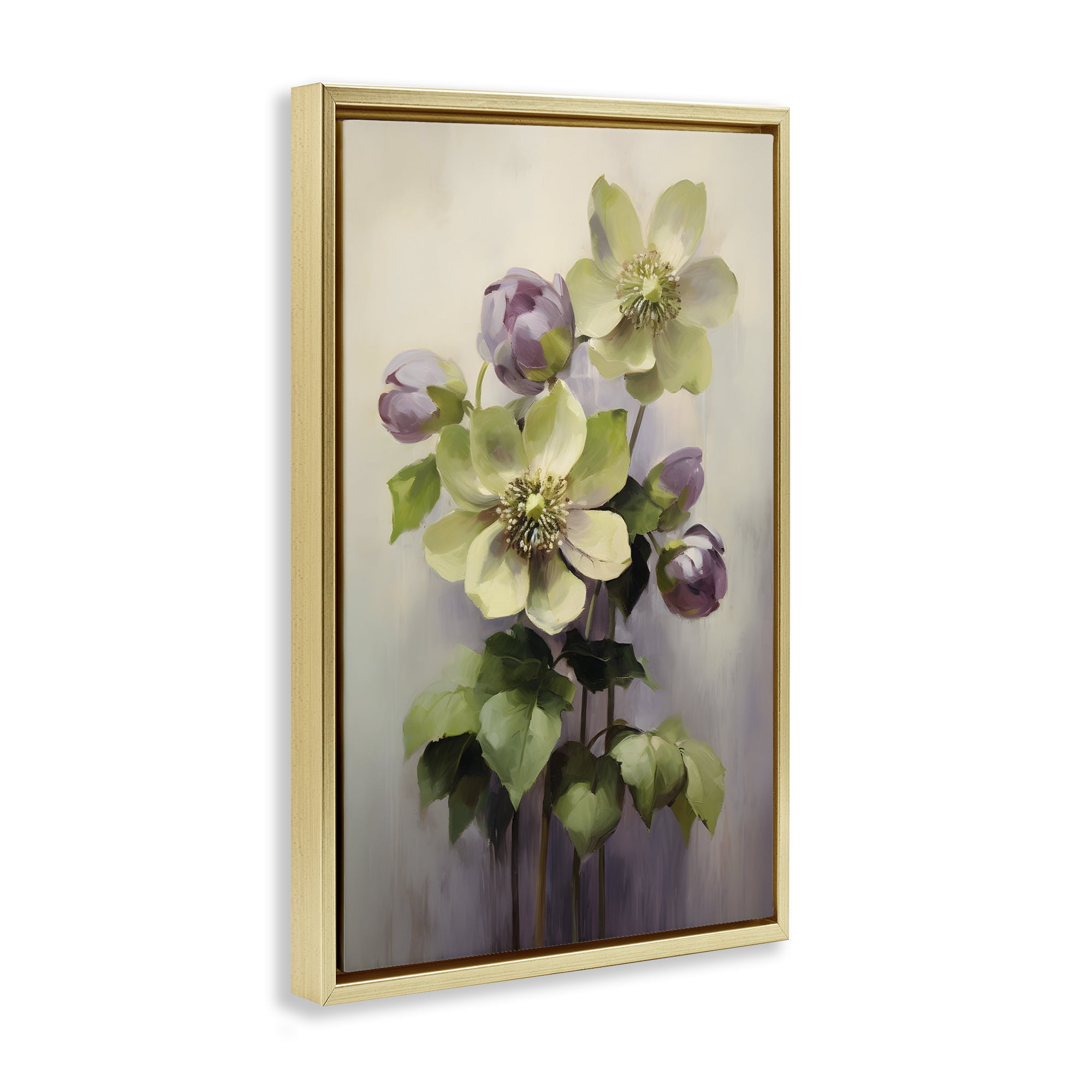 Stupell Industries Green & Purple Flowers Botanical & Floral Painting Gold Floater Framed Art Print Wall Art, 17 x 25