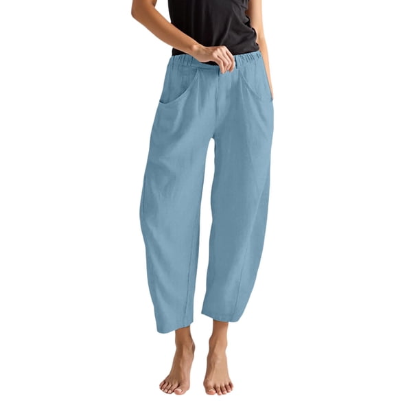 Pantalones anchos de lino para mujer con cintura elástica - Pantalones holgados y casuales con bolsillos para el verano y la playa