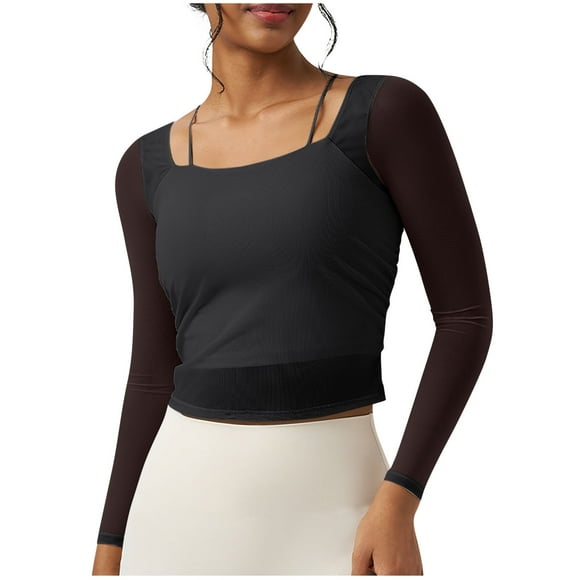 Lenpel Crop Tops for Women Built in Bra Mesh Square Neck Long Sleeve Slim Workout Athletic Blouses Cropped Yoga Gym Tees