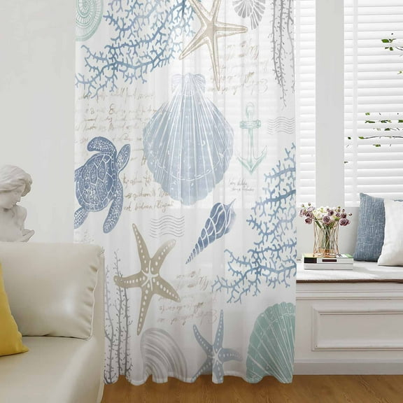 Blue Coastal Nautical Semi Sheer Curtains Drapes for Living Room,Bedroom,French Doors Window 108 Inches Long,Beach Sea Turtle Ocean Coral Starfish Rod Pocket Chiffon Curtain Drapery Voile Panel
