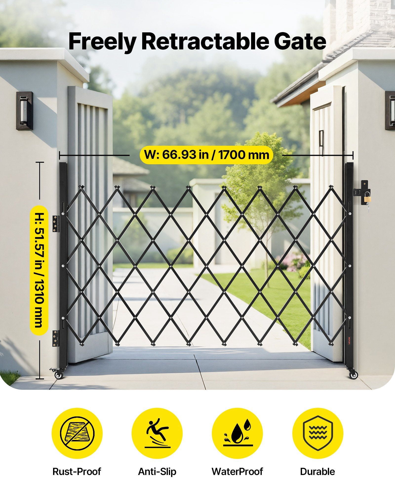 Lockable Retract Gate w/ Wheels 67x52" - Driveway/Pool Safety