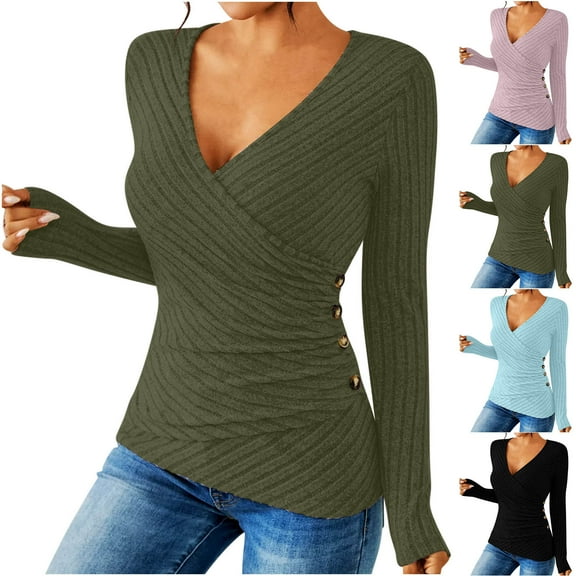 Nfurl Wrap Tops for Women Long Sleeve Slim Fit Solid Color Knit Shirts Fashion Button Decor Ladies Blouses 2025 Fall Pullover Top Black L