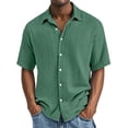 thumbnail image 3 of Men's Short Sleeve Button Down Shirt, Cotton Solid Color Textured Pleated Casual Shirt, Lightweight Loose Fit Beach Vacation Top for Men, Double Layer Crinkle Shirt Green L, 3 of 10