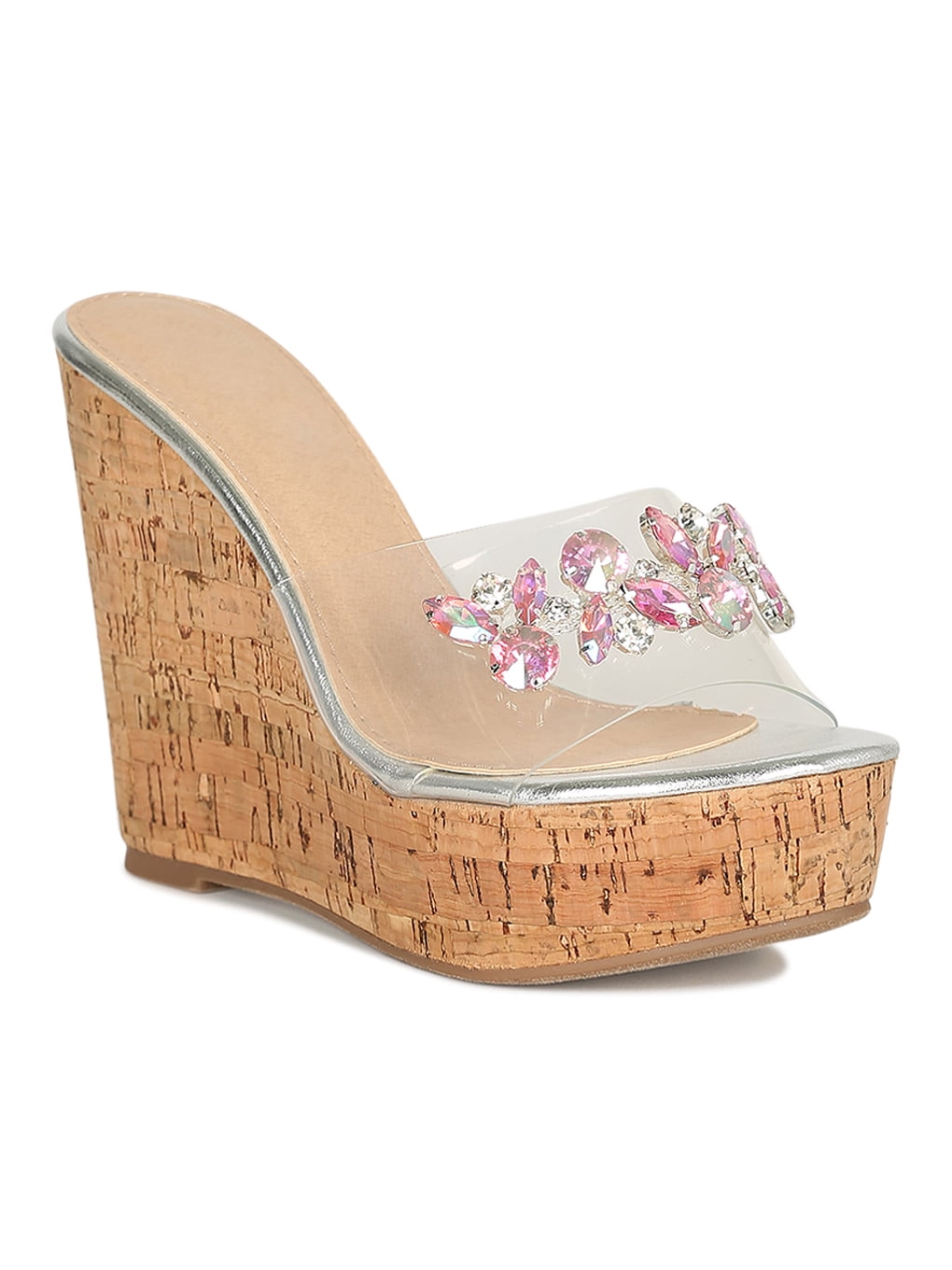 Women Clear Jeweled Open Toe Platform Wedge Mule Sandal 18960