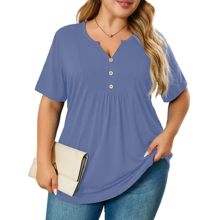 SHOWMALL Women's Plus Size Blouse V-Neck Loose Fit Comfy Button Henley Shirt Purple Gray 3X Short Sleeve Curvy Fit Tops